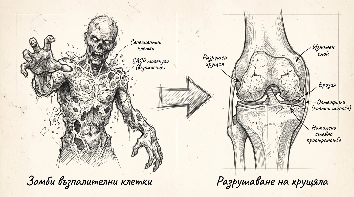 Мускулен спазъм, който смачква колянната става като менгеме